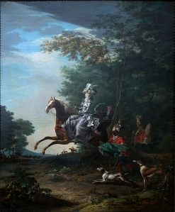 Marie Antoinette Hunting by Louis Auguste Brun.  In the petit appartements de la reine, in the billiard room. I believe these rooms are not open to the public.